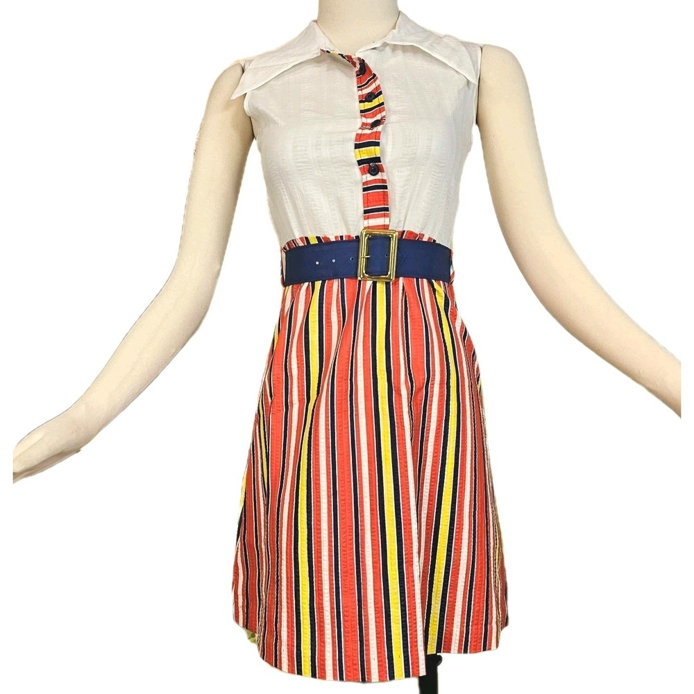 Vintage 1970s Dress Sleeveless Minidress White Button Up Pointed Collar Striped